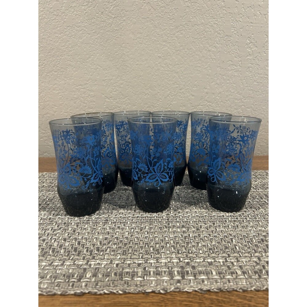 Vintage Libbey Charleston Blue Smokey Glasses Set Of 7 Floral Print 5.5” Tall